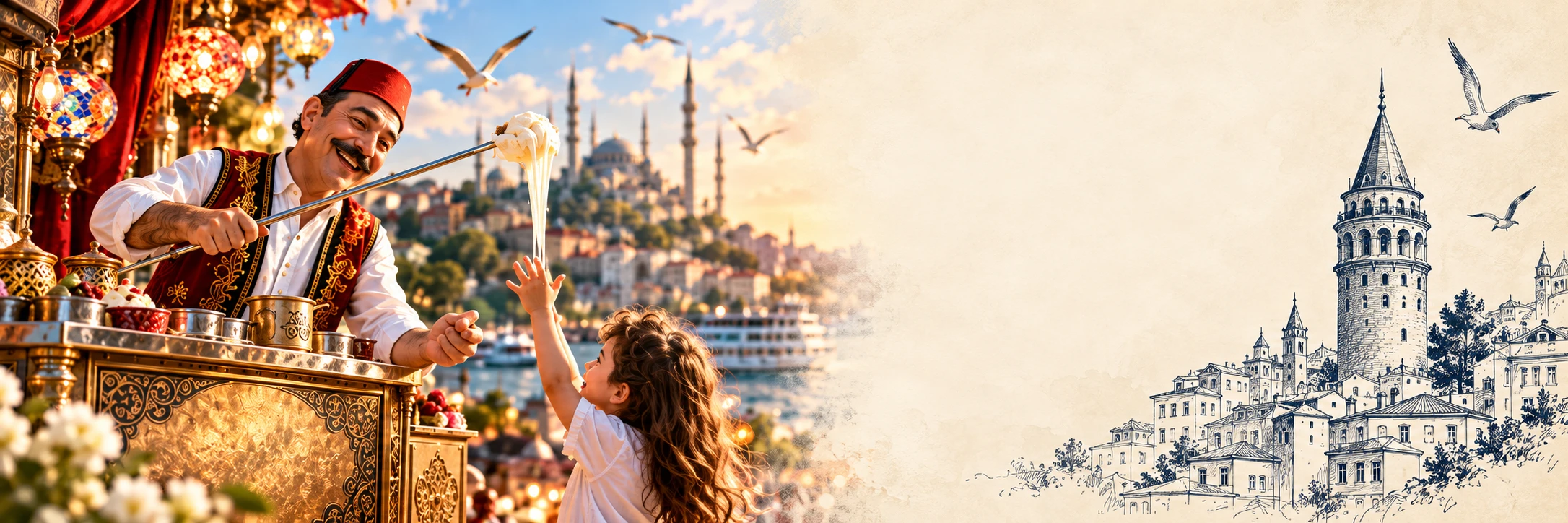 A little girl enjoying Uncle Resat’s playful Turkish ice cream show beside a drawing of Galata tower